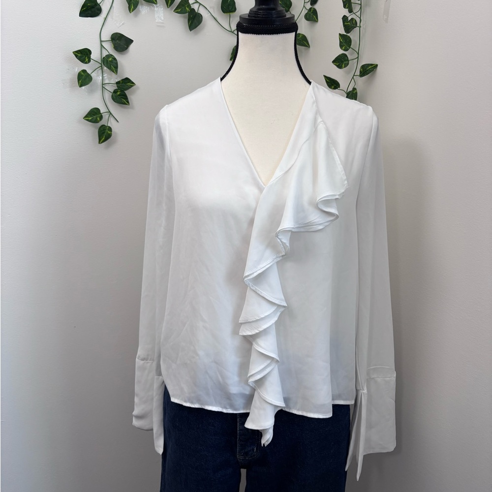 Elegant White Long Sleeve Ruffle Blouse Size Small